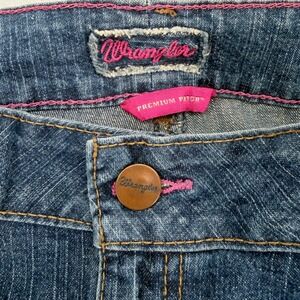 Y2K Wrangler Premium Pink Patch Mae Low Straight Leg Jeans Blue Vintage 11/12